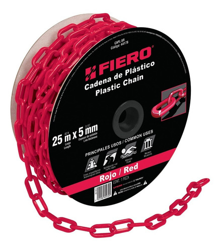 [TR-CAPL-5R] Cadena Plastica 5 Mm X 25 Mt Roja Fiero 44176 Color Rojo