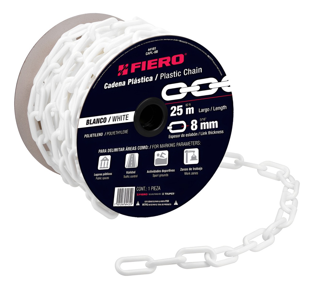 [TR-CAPL-8B] Cadena Plastica 8 Mm X 25 Mt Blanca Fiero 44181 Color Blanco