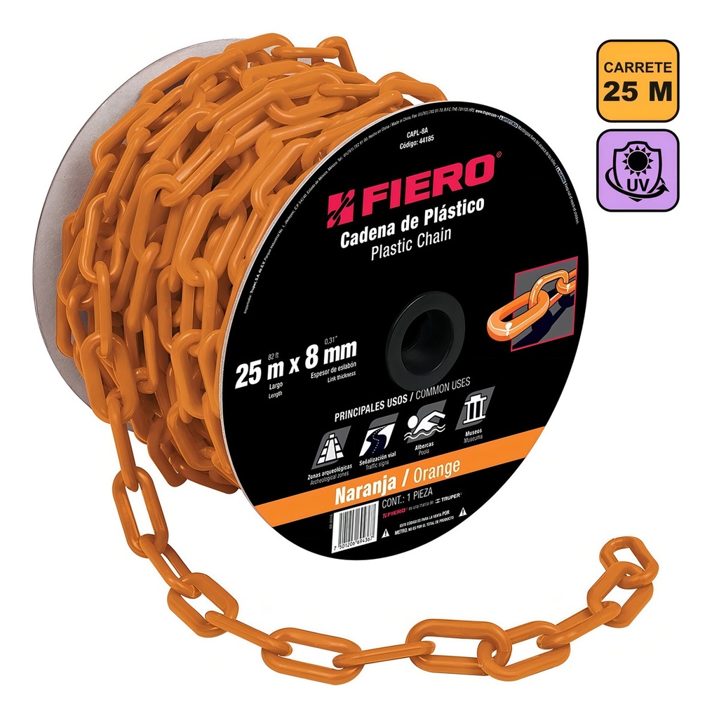 [TR-CAPL-8A] Cadena Plastica 8 Mm X 25 Mt Naranja Fiero 44185 Color Naranja Claro