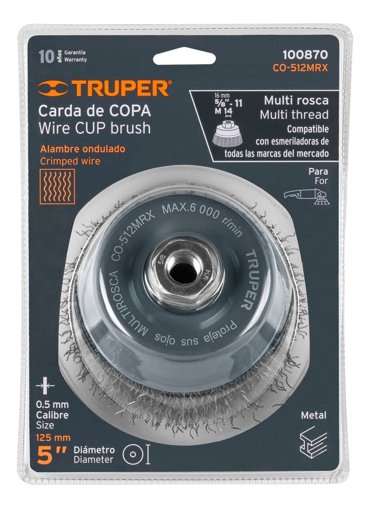 [TR-CO-512MRX] Carda De Copa, Alambre Ondulado Grueso, 5", Truper 100870 Color Gris Plateado