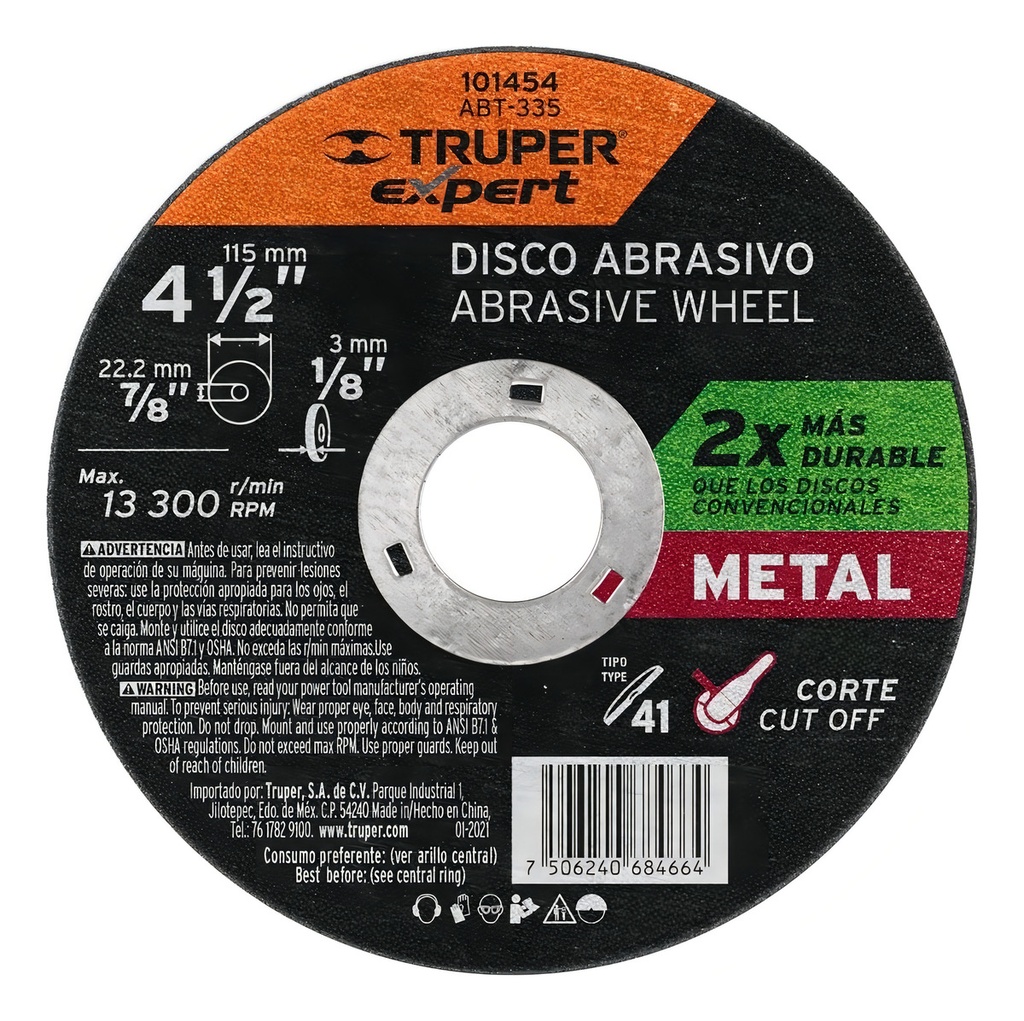 Disco Para Corte De Metal 4-1/2' Tipo 41, Truper Expert