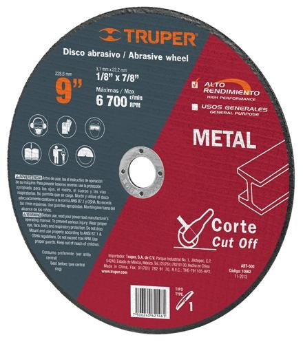 [TR-ABT-500] Disco Corte Metal, Tipo 41, Diámetro 9" Truper 10662 Color Rojo