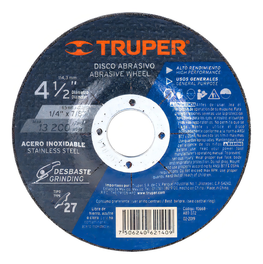 [TR-ABT-372] Disco Desbaste Inoxidable, Tipo 27, 4-1/2" Truper 10668 Color Gris