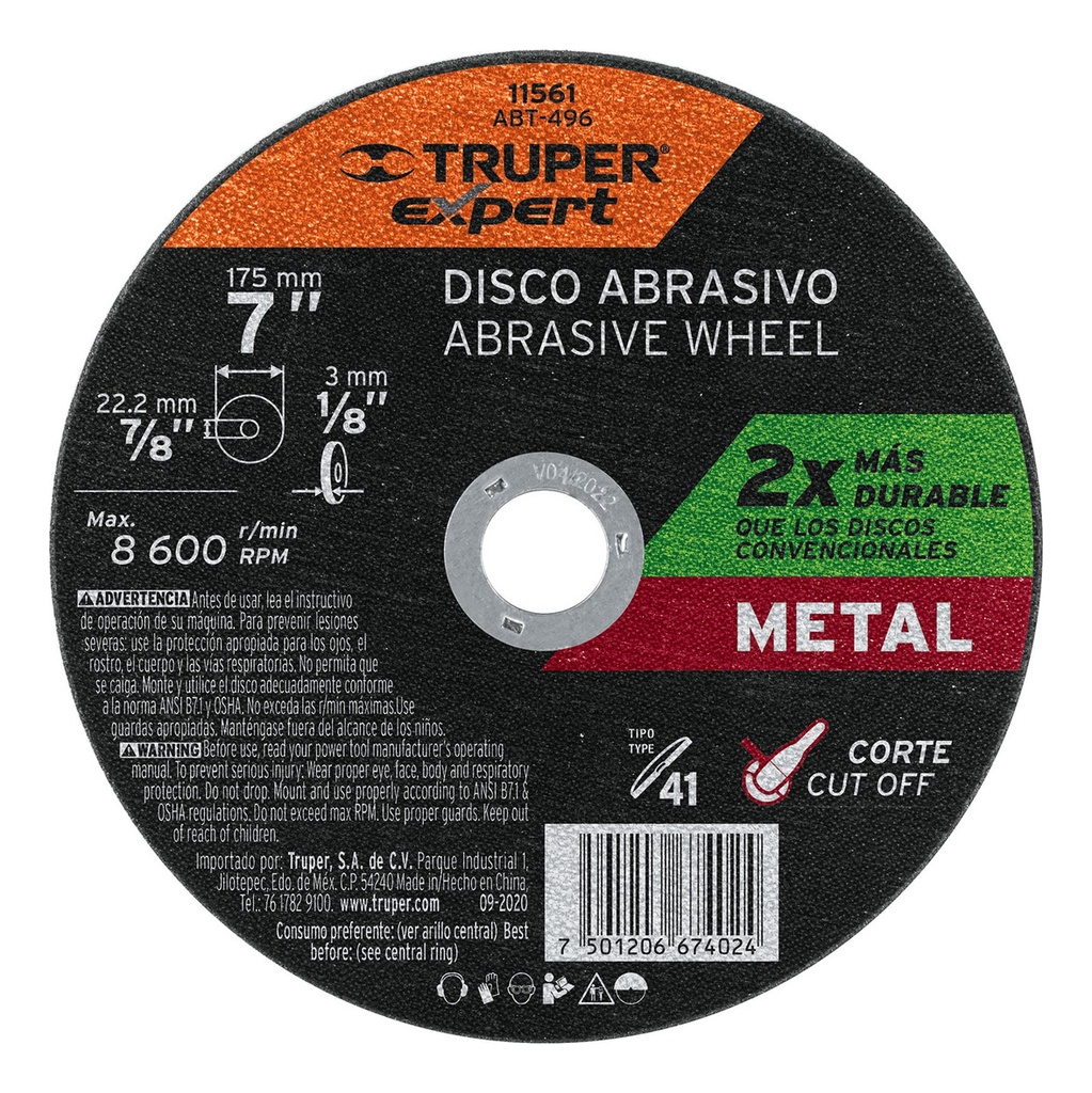[TR-ABT-496] Disco Corte Metal, Tipo 41 Diámetro 7", Truper 11561 Color Gris