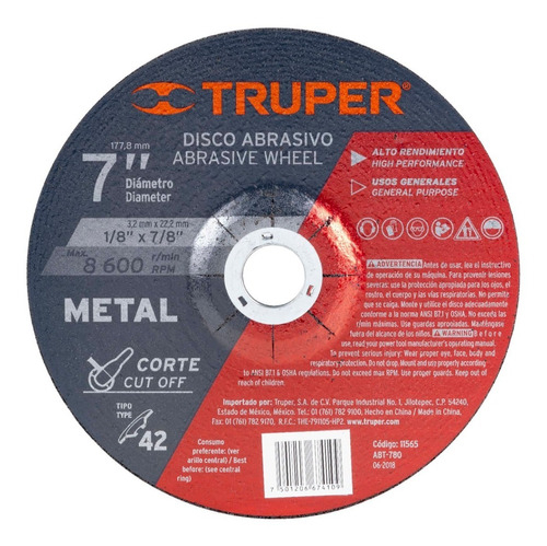 Disco P/corte Metale 42 Diámetro 7" Alto Ren. Truper 11565 Color Gris