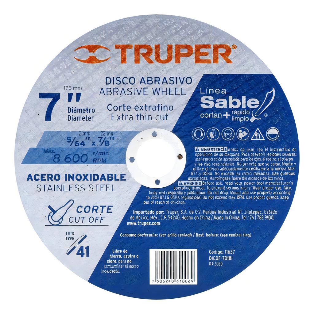 Disco Corte Acero Inoxidable 7' Tipo 1 Truper 11637 Azul/negro