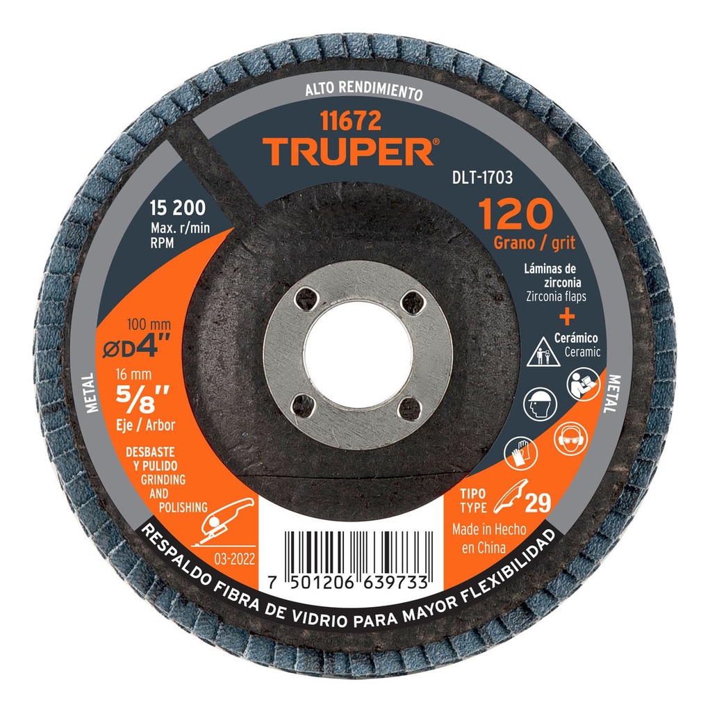 Disco Laminado T29 4" Grano 120 Centro 5/8" Truper 11672
