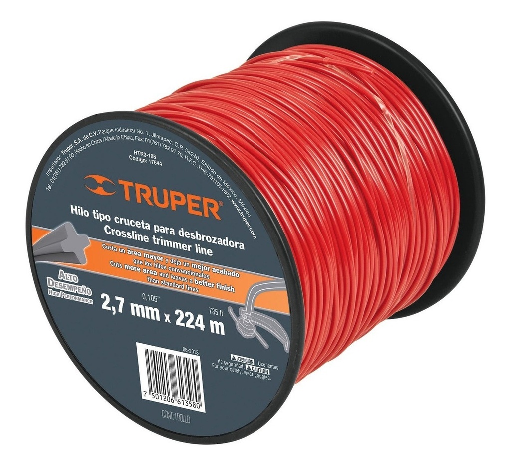 Hilo Redondo 2.7 Mm X 224 Mt Rojo Truper 17644