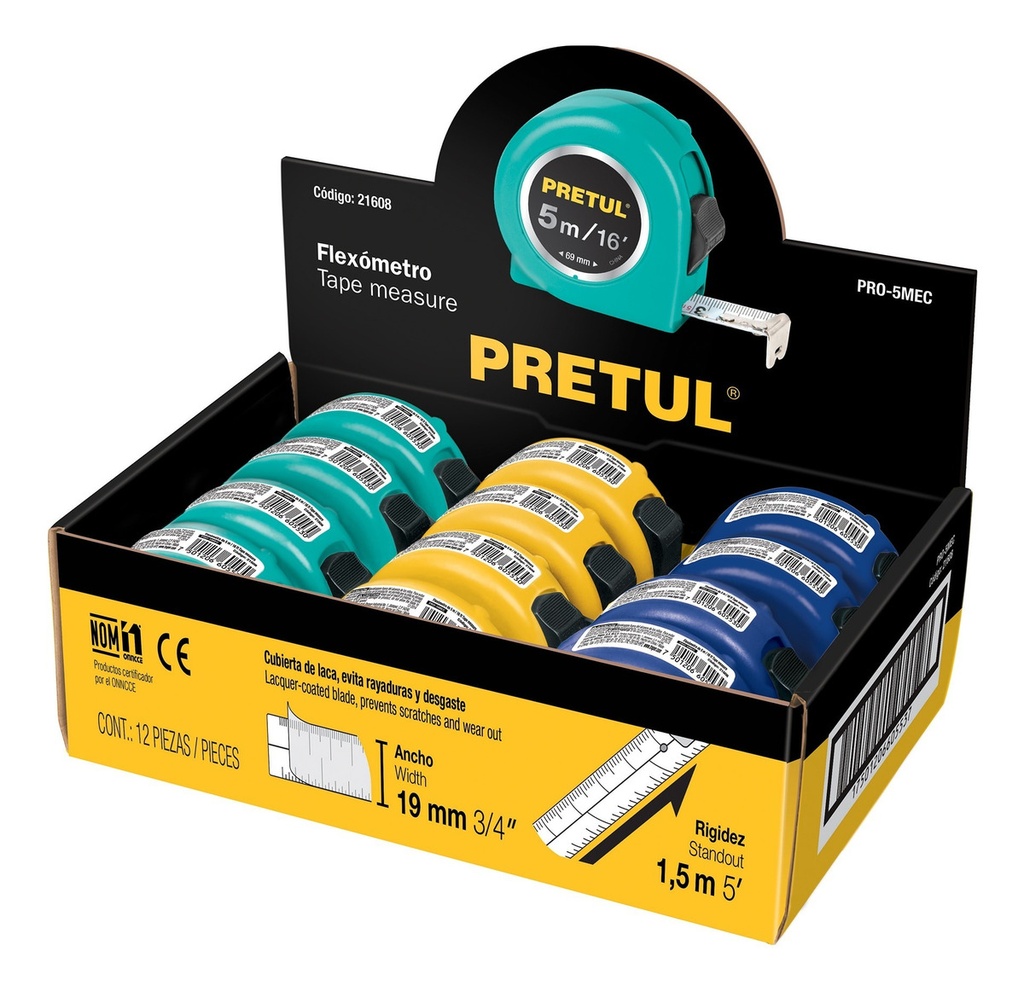 [TR-PRO-5MEC] Flexometro Colores 5 Mt 19 MM Pretul 21608
