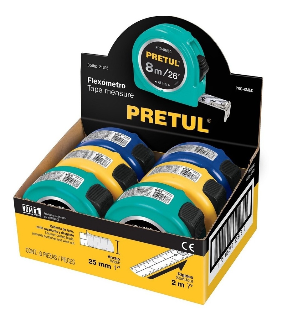 [TR-PRO-8MEC] Flexómetros 8 M Cinta 25 MM en Display Box Pretul 21625
