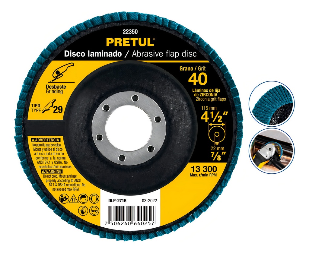 Disco 4-1/2' Laminado Grano 40 Centro 7/8', Pretul Azul