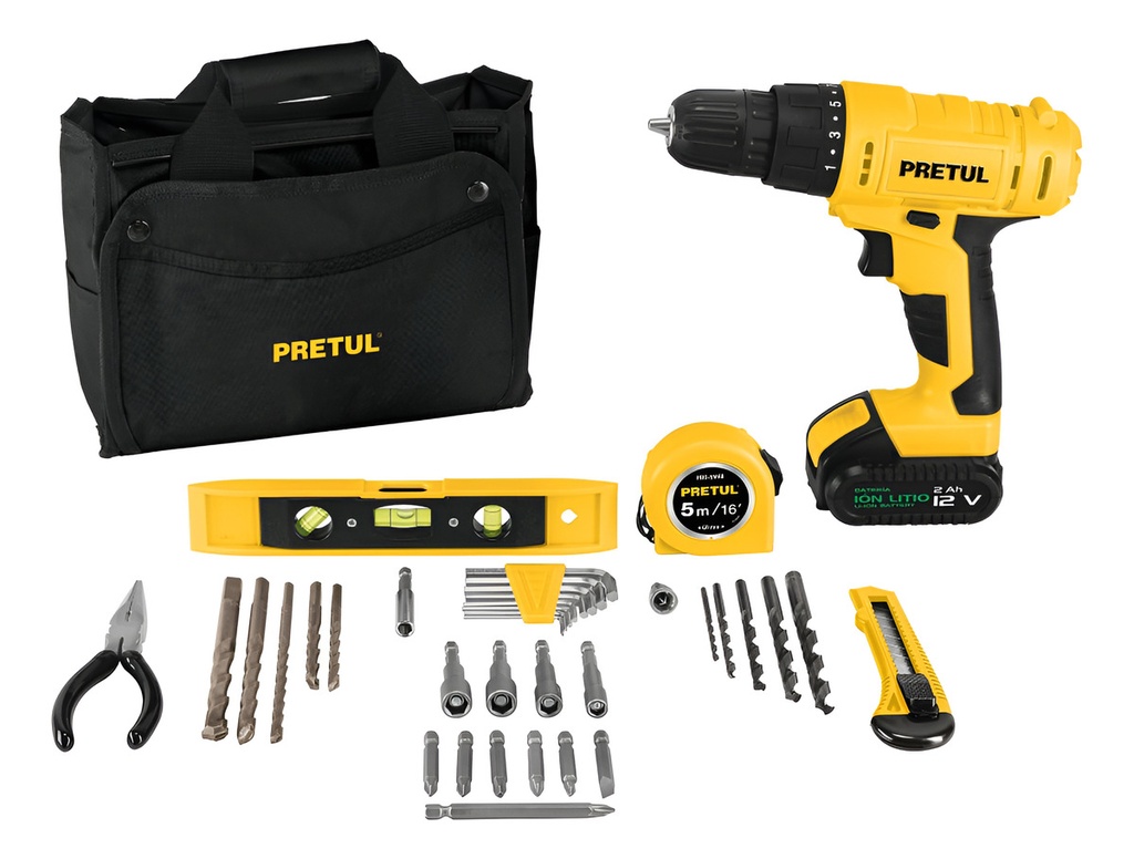 Kit Taladro Inalambrico 3/8" 12 V y Accesorios Pretul 27097 Amarillo 60 Hz