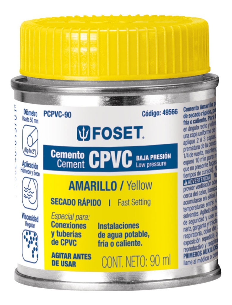 [TR-PCPVC-90] Pegamento Amarillo Cpvc 90 Ml Baja Presion Foset 49566