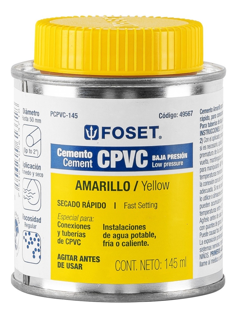 [TR-PCPVC-145] Pegamento Amarillo Cpvc 145 Ml Baja Presion Foset  49567
