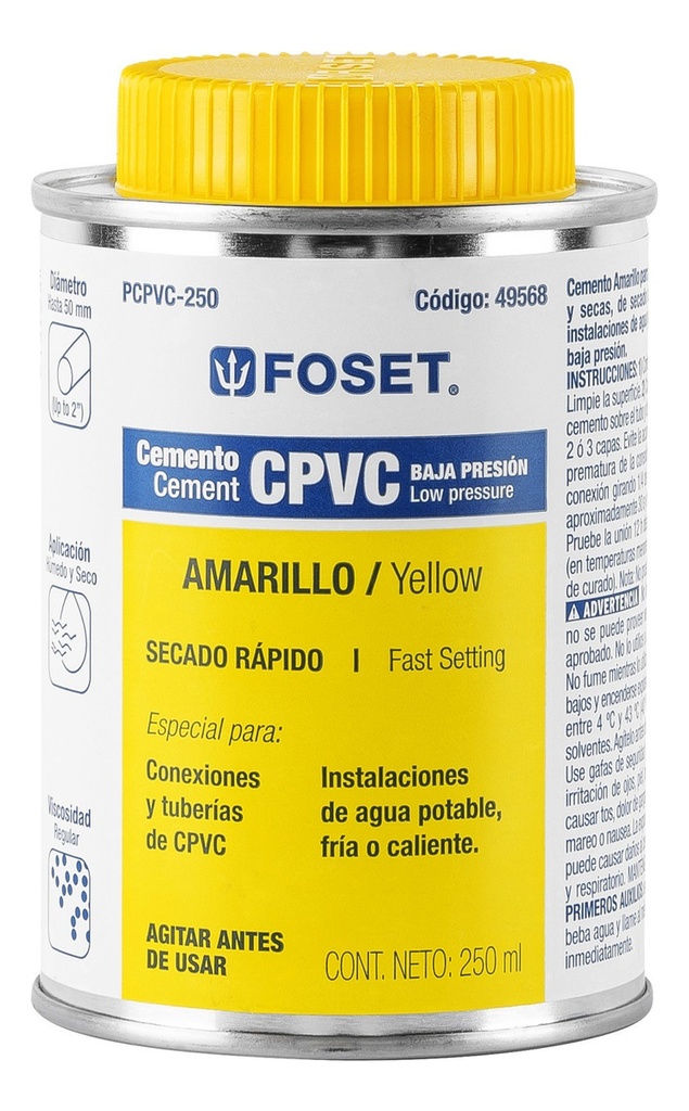 [TR-PCPVC-250] Pegamento Amarillo Cpvc 250 Ml Baja Presion Foset 49568