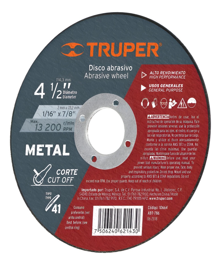 Disco Corte Metal 4-1/2" X 1.5mm Uso Gral. Truper 10664 Gris