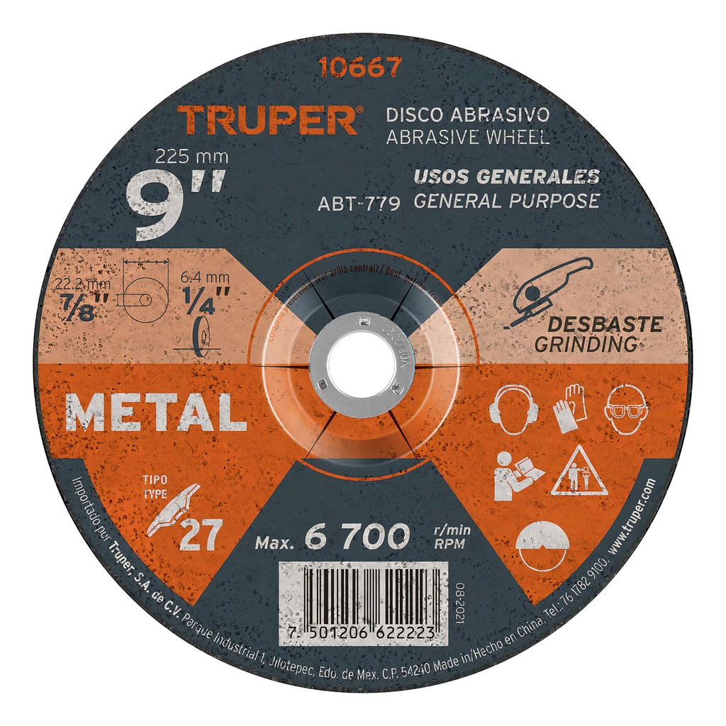 [TR-ABT-779] Disco Desbaste Metal, Tipo 27, Diámetro 9" Truper 10667 Color Gris