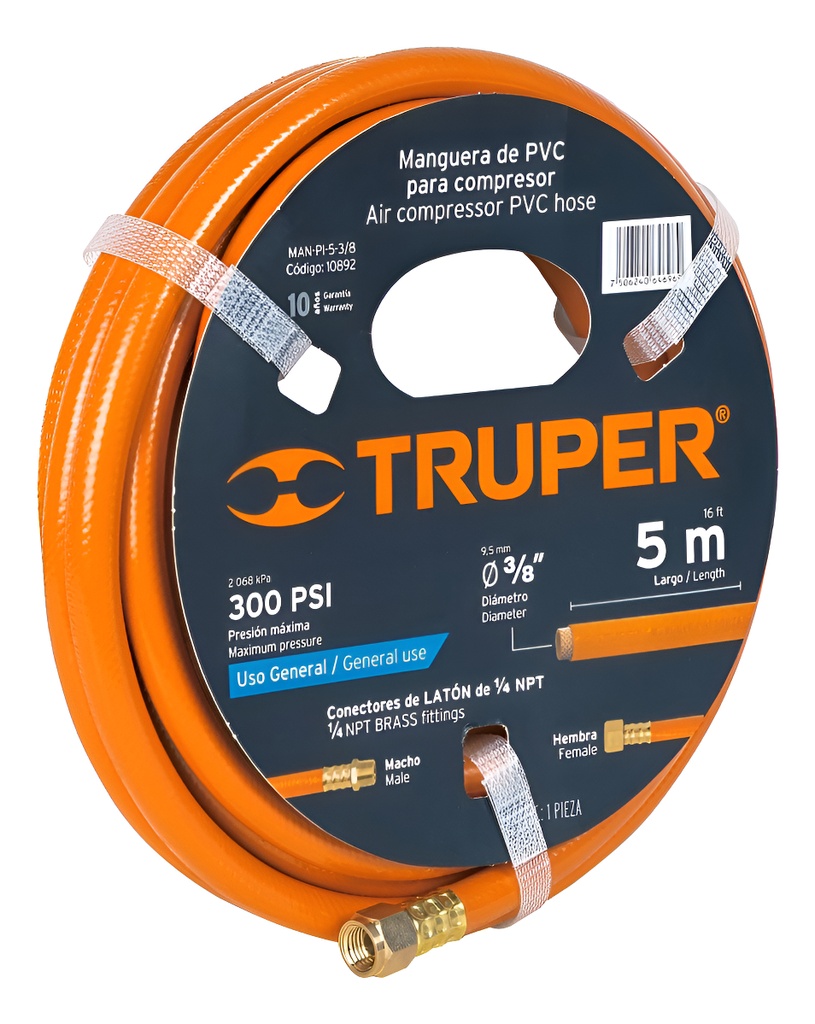 Manguera Compresor Pvc 3/8' X 5mt Baja Pres. Truper 10892 Naranja