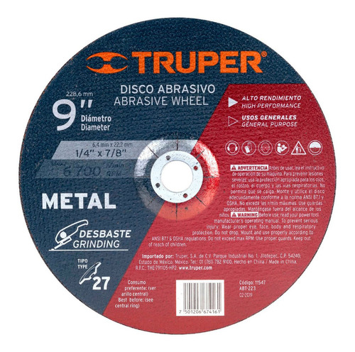 Disco T.27 Desb. Metal 9" Profesional Truper 11547