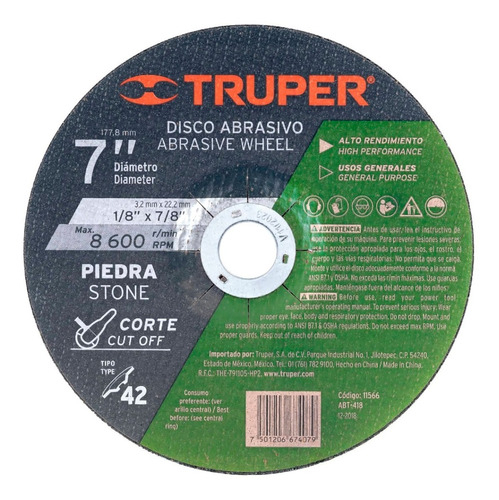 [TR-ABT-418] Disco Corte Piedra, Tipo 42, Diámetro 7" Truper 11566 Color Gris