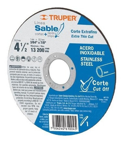 Disco Corte Inoxidable, 41, Diámetro 4-1/2'' Truper 11635 Color Gris