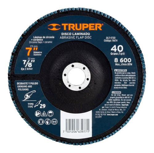 Disco Laminado, 7'', Grano 40, Centro 7/8'' Truper 11676 Color Gris