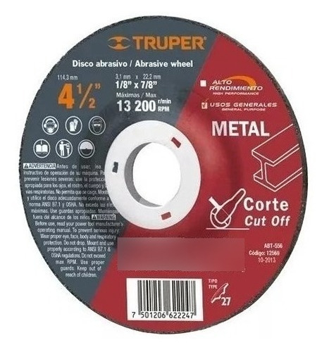 Disco P/corte De Metal 115 X 3 X 22 12569 Truper Color Negro