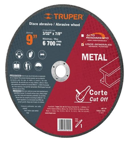 Disco P/corte Metal 41 Diámetro 9" Truper 12572 Color Gris
