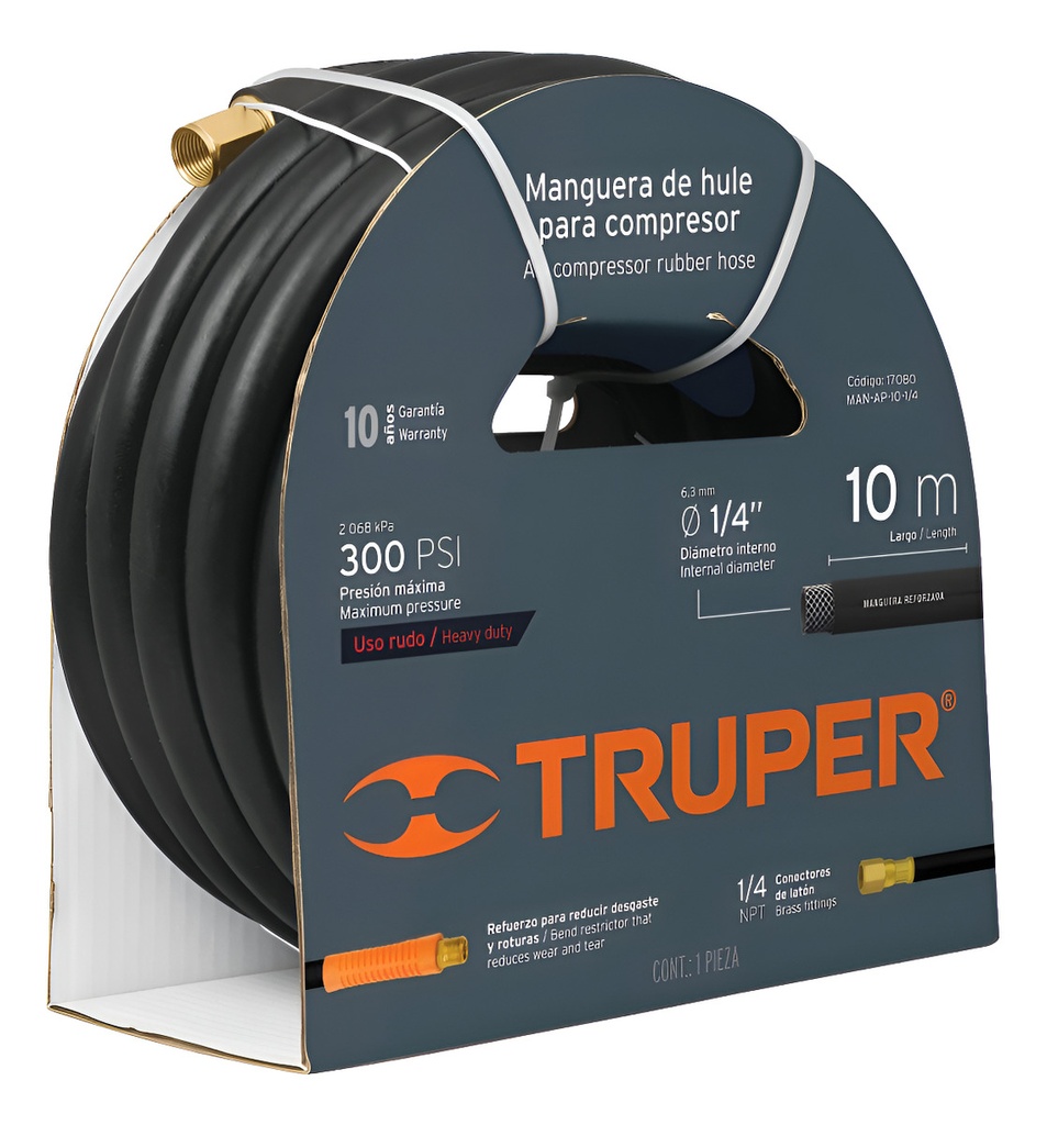 Manguera Compresor Hule 1/4" X 10 Mt Alta Pres Truper 17080 Negro