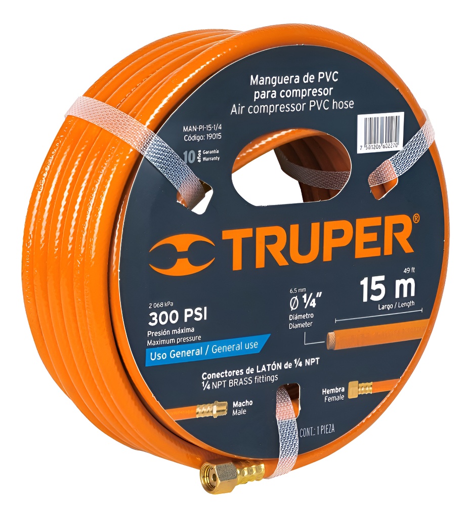 [TR-MAN-PI-15-1/4] Manguera Compresor Pvc 1/4' X 15 Mt Baja Presio Truper 19015 Naranja
