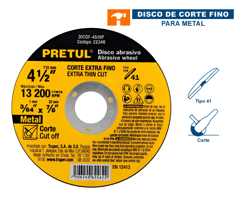 Disco Corte Metal 4-1/2' X 1mm Pretul 22348 Color Amarillo