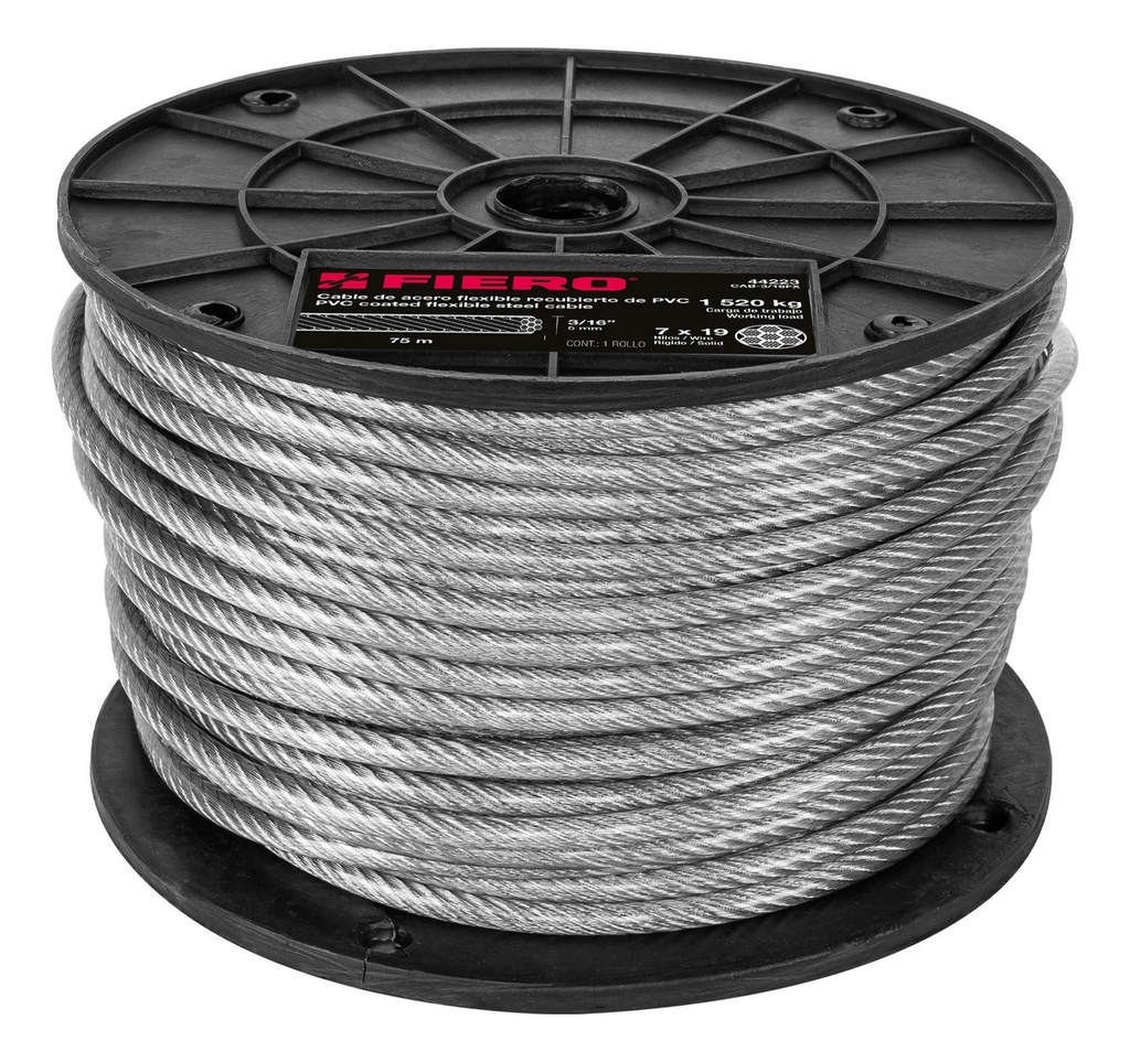 [TR-CAB-3/16FX] Cable Acero Recubierto 3/16  7x19 Hilos 75 Mt Fiero 44223