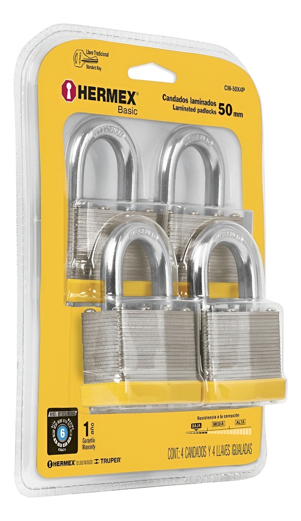 Juego de 4 candados cuerpo laminado, 50 mm, HERMEX BASIC