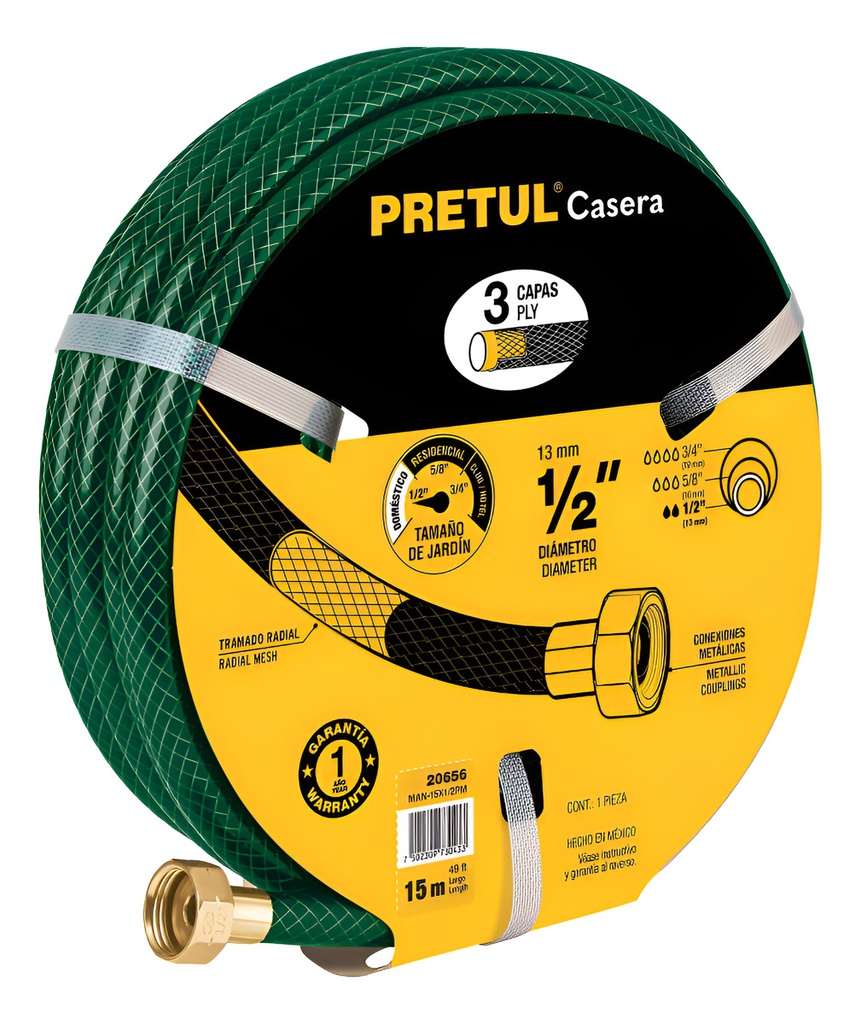 Manguera 1/2' reforzada 3 capas conexiones metal 15m, Pretul