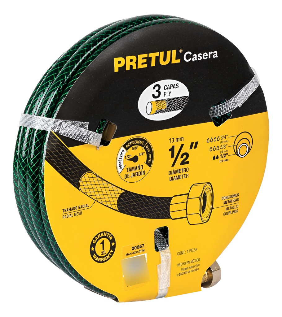 Manguera 1/2' reforzada 3 capas conexiones metal 10m, Pretul