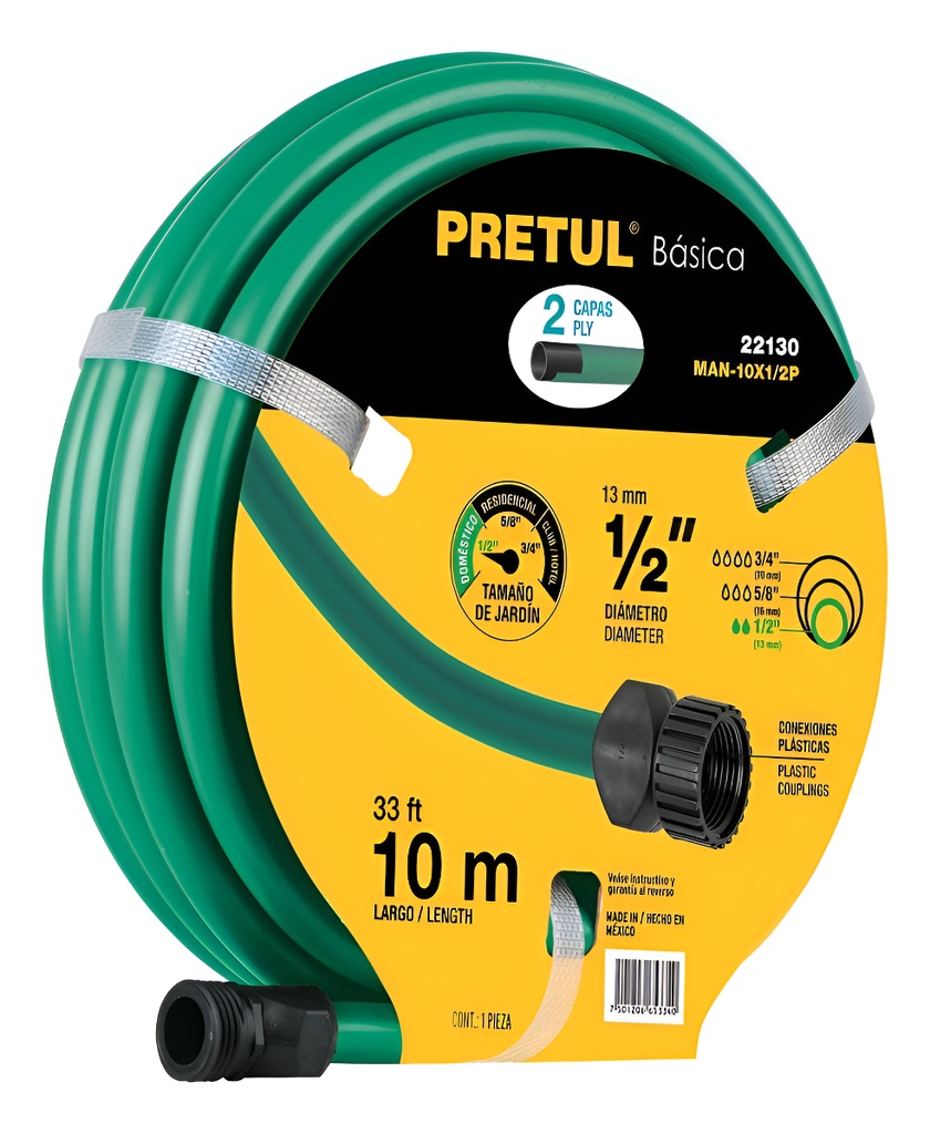 [TR-MAN-10X1/2P] Manguera verde 1/2' 3 capas 10m conexiones plásticas, PRETUL