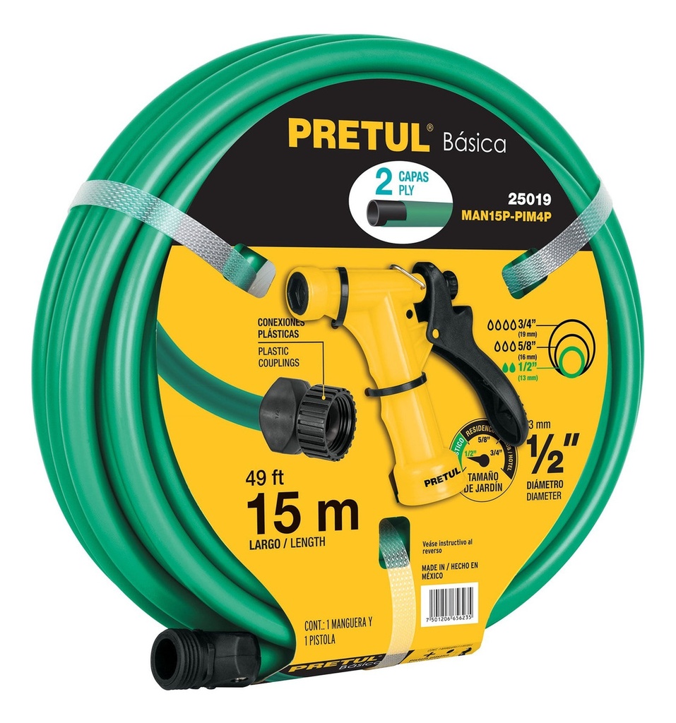 Combo manguera MAN-15X1/2P y pistola de riego PIM-4P, PRETUL