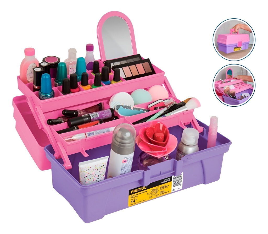 [TR-CCO-14RP] Caja cosmetiquera 14', doble bandeja, rosa, PRETUL