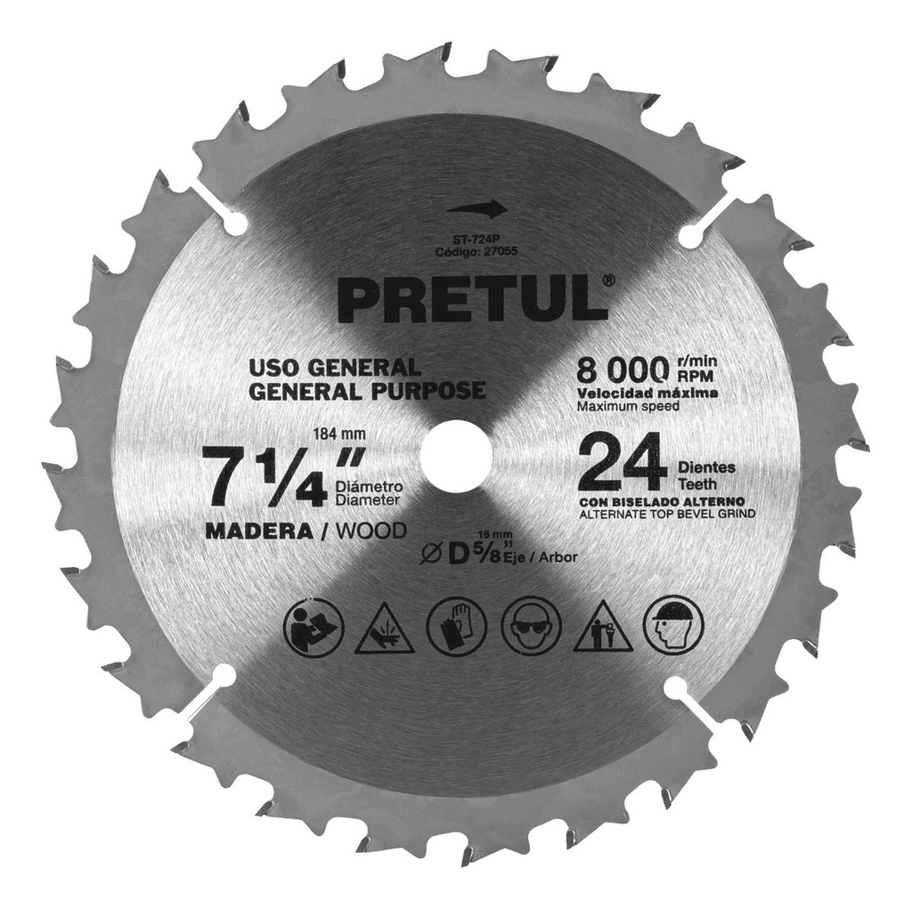 [TR-ST-724P] Disco Sierra 7-1/4' P/madera, 24 Dientes Centro 5/8', Pretul