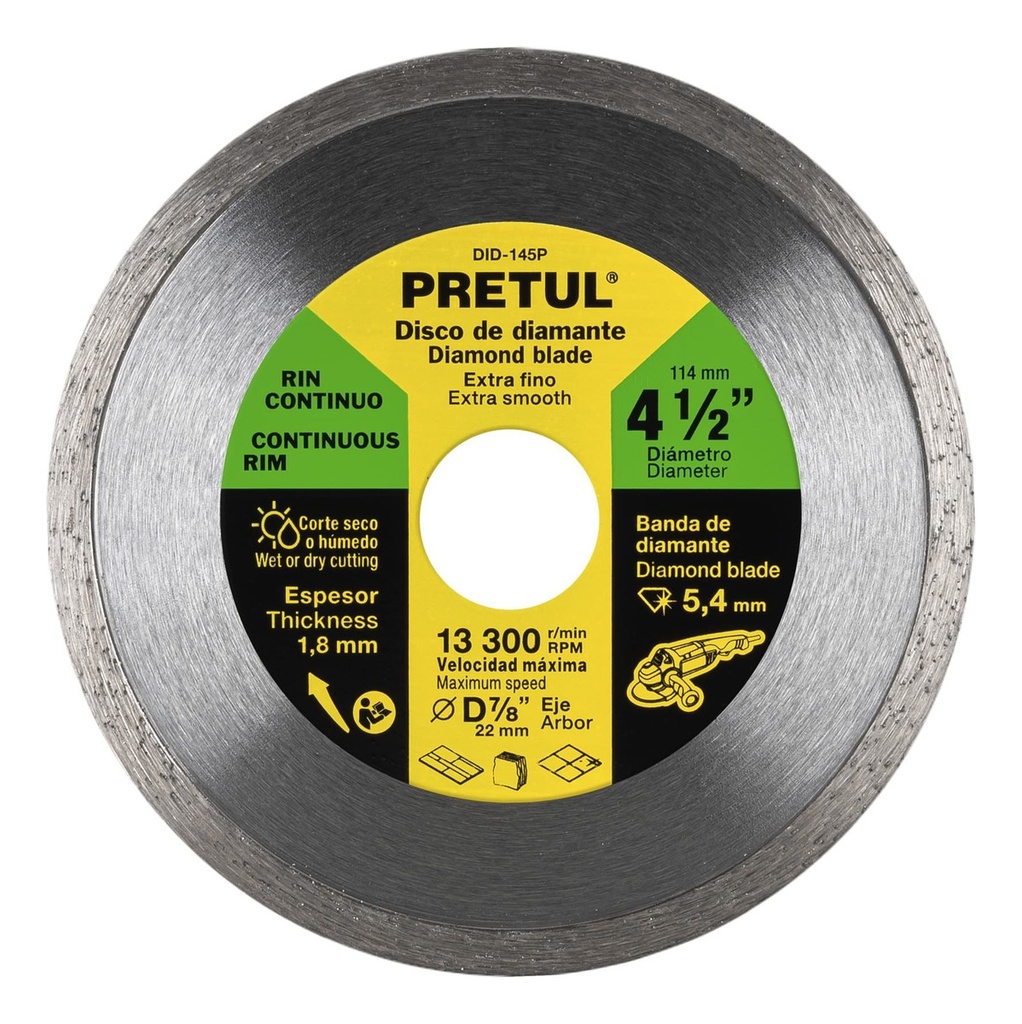 Disco de diamante de 4-1/2' x 1.8 mm, rin continuo, PRETUL