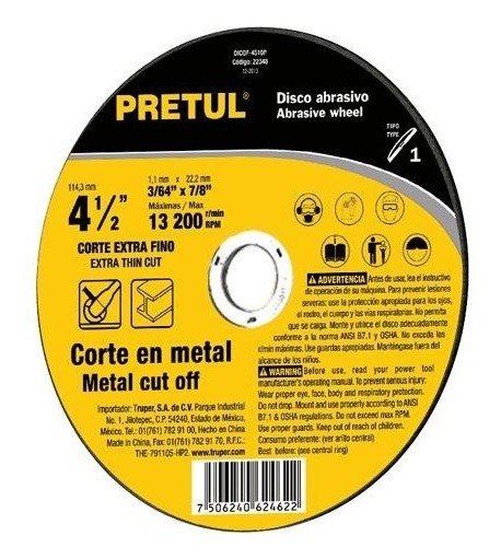 Disco Tipo 41 de 4-1/2' x 1.2 mm corte fino de metal, Pretul