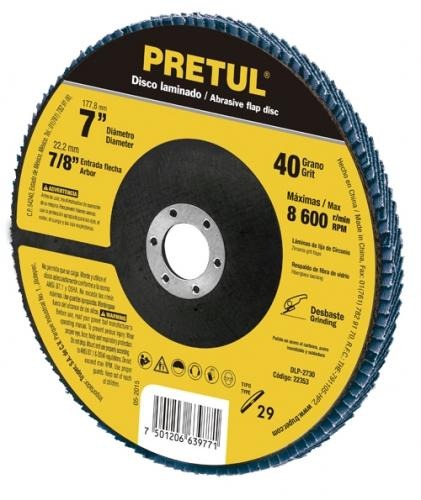 Disco laminado 7', grano 40 centro 7/8', fibra, PRETUL