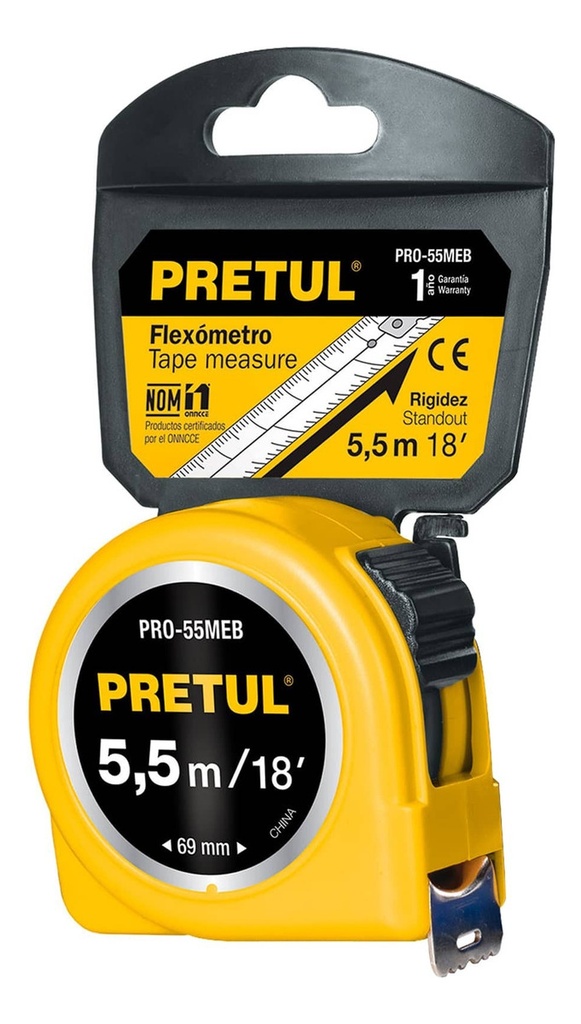 [TR-PRO-55MEB] Flexómetro Amarillo 5.5 M Cinta 25 Mm, en Tarjeta, Pretul