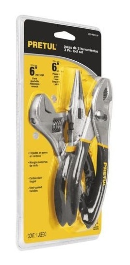 [TR-JGO-PEPI-3P] Juego de 2 pinzas y 1 llave ajustable, mangos de PVC, Pretul