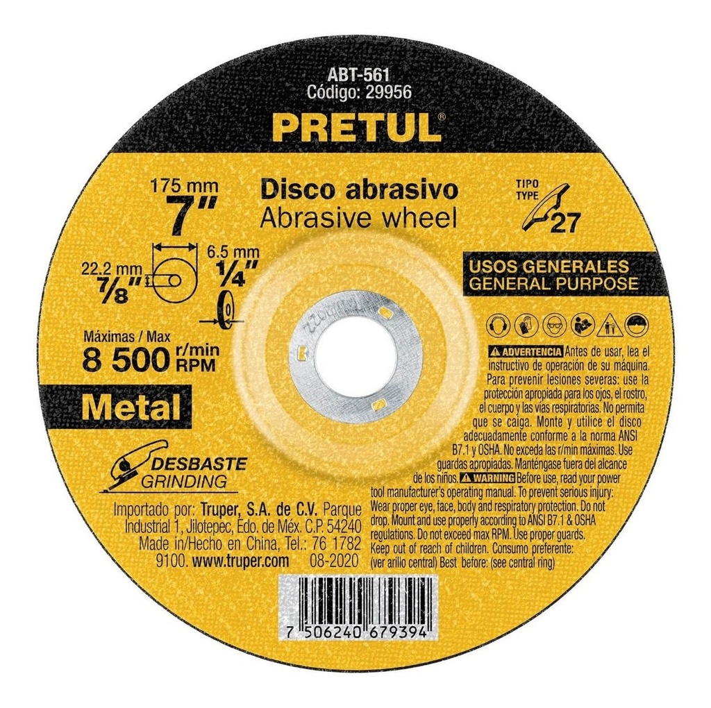 [TR-ABT-561] Disco Tipo 27 de 7' x 6.2 mm desbaste de metal, Pretul