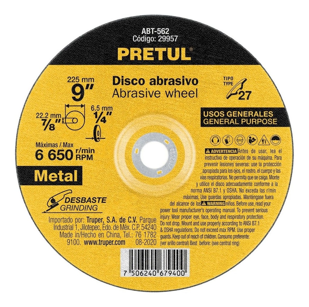 [TR-ABT-562] Disco Tipo 27 de 9' x 6.2 mm desbaste de metal, Pretul