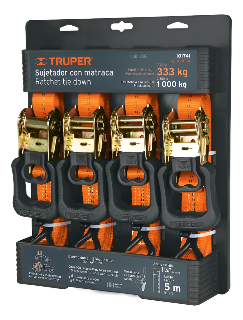 [TR-SU-1000C4] Sujetador Con Matraca 1000 Kg 4 Piezas Truper 101741 Naranja