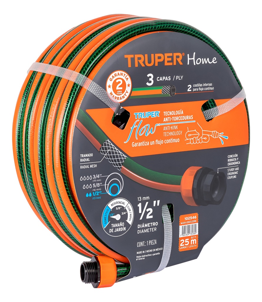 Manguera Reforzada 1/2'' X 25 Mt Plastico Truper 102546 Verde - Naranja