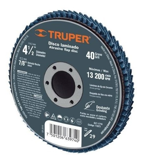 Disco Laminado 4-1/2" X 7/8" Grano 40 Truper 11673