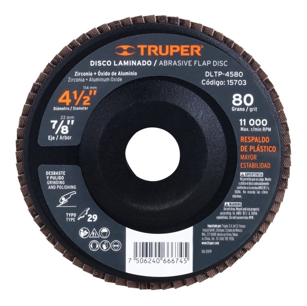[TR-DLTP-4580] Disco Laminado 4-1/2'' X 7/8'' Grano 80 Resp. P Truper 15703